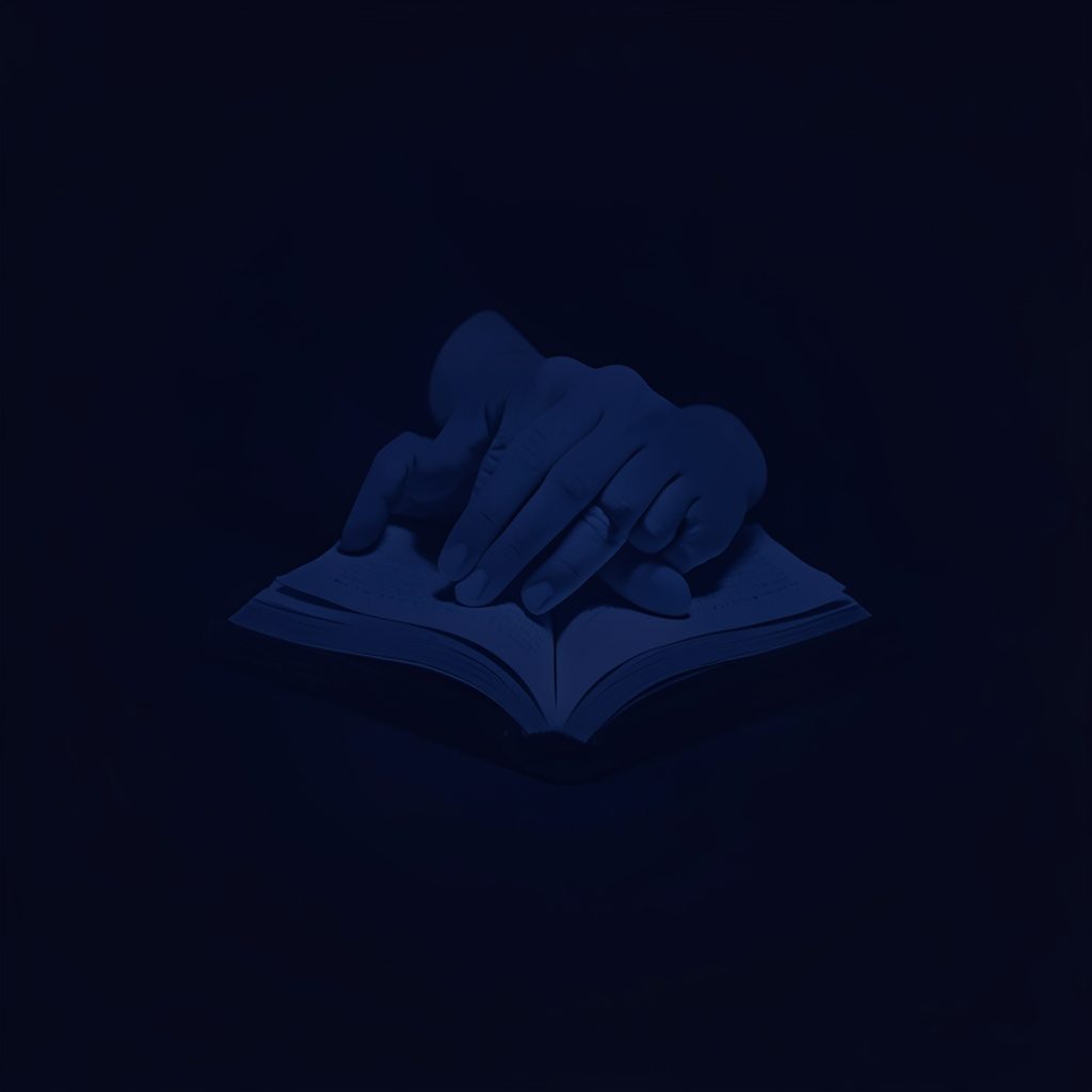 Deep navy blue emblem-style image of folded hands resting near an open book, muted low light and a calm, reverent mood